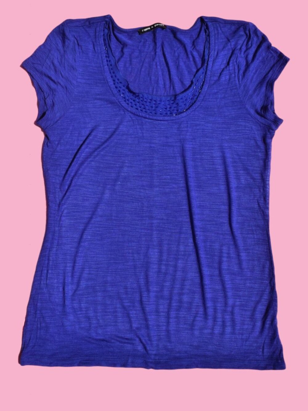 2000s Royal Blue Beaded Neckline Top Cap Sleeve Fitted Tee